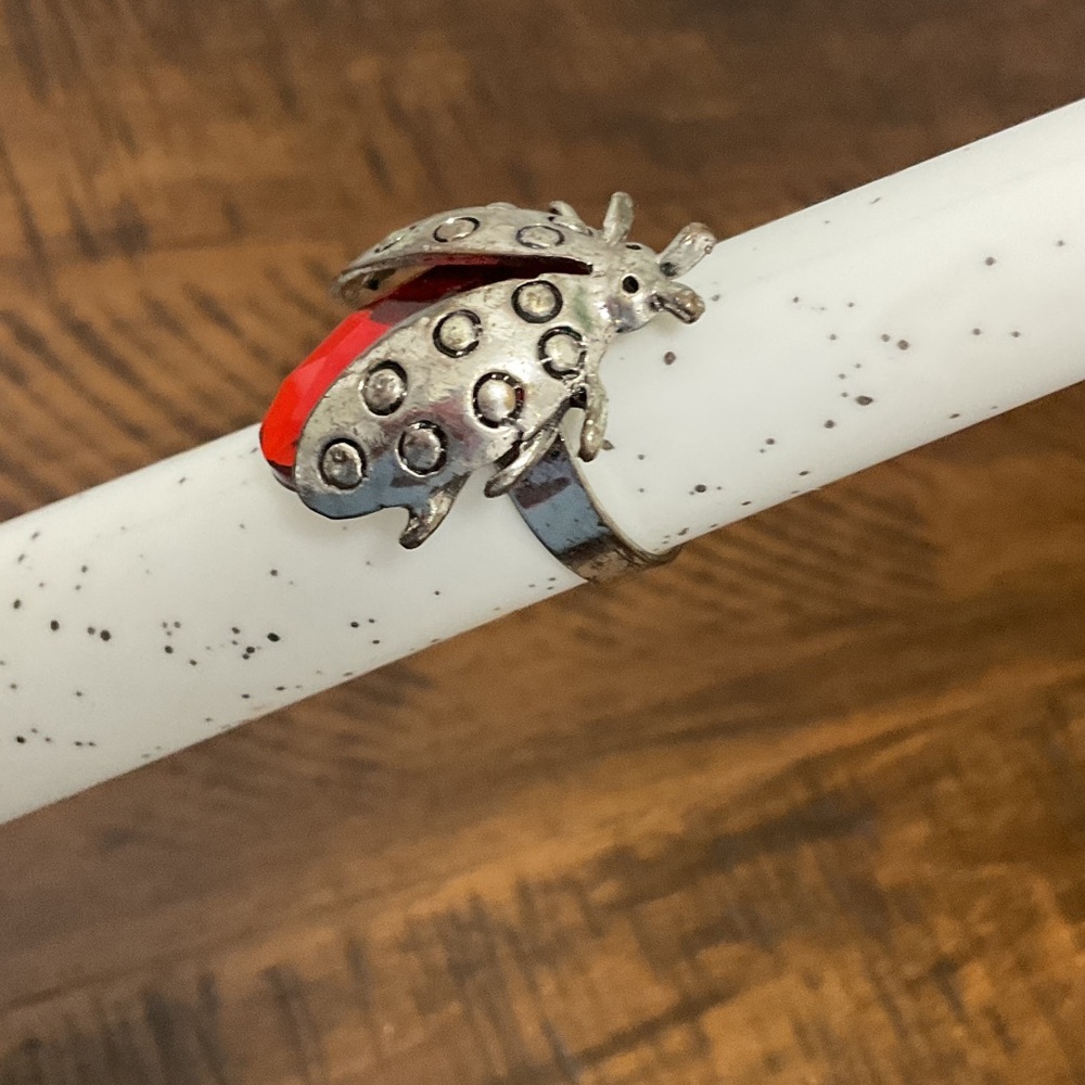 Silver Ladybug Ring With Red Gem - image 1